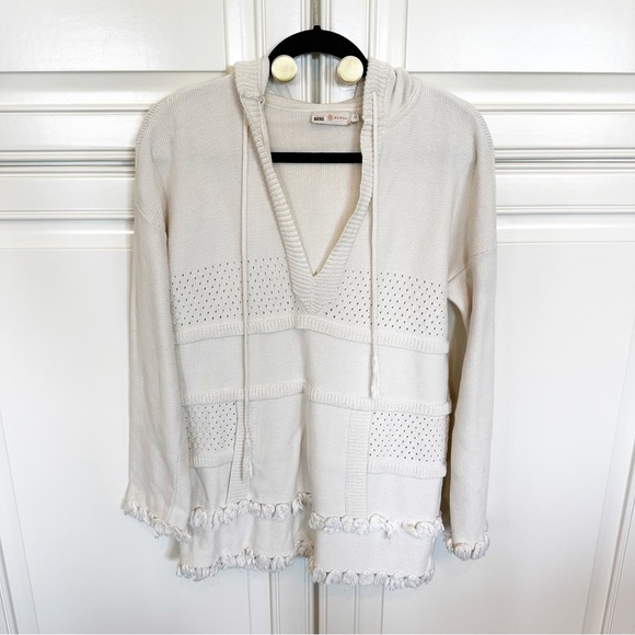 Tory Burch Women’s Baja Mixed Knit Hoodie Cream Tassel V Neck Pullover Sweater S - Picture 4 of 14